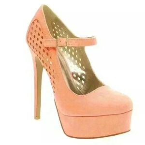 NIB Qupid Women's Ravish-33 Salmon Perforated Mary Jane Platform Pumps Heels 8.5